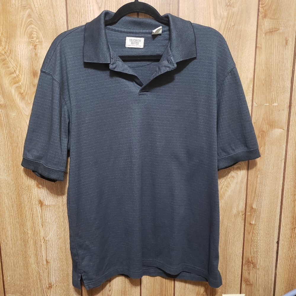 Polo Shirt Men's Medium Textured Blue Short Sleeve Heritage Hudson River